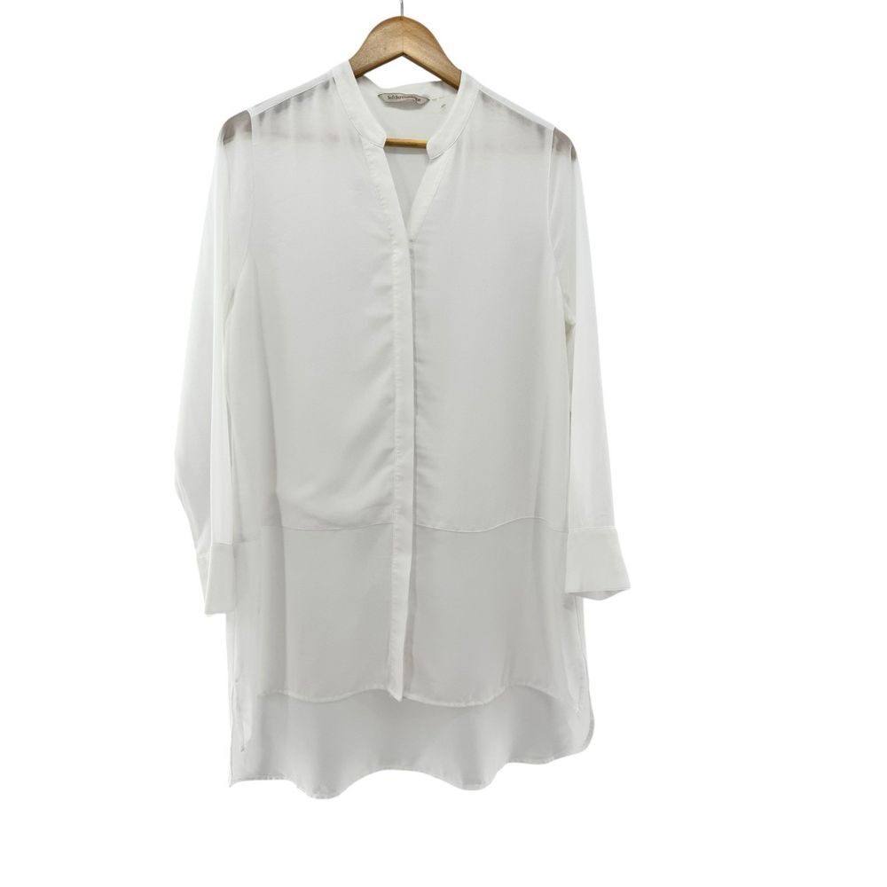 Soft Surroundings Tunic Medium Petite Blouse Button Down Sheer White Long Sleeve